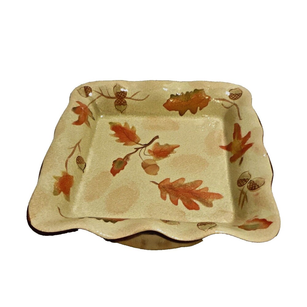 Ambiance French Harvest Square Baker Bowl 9" Ruffled Edge Fall Leaves Acorns